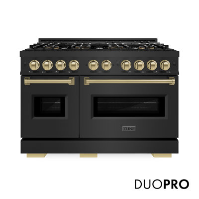 ZLINE Autograph 48 in. Black Stainless Classic Dual Fuel Range w/ DuoPro Cooktop & Bronze Accents