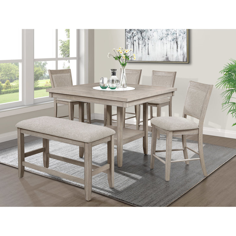 Transitional Counter Height Seat Bench In Beige Gray, Upholstered And With Footrest, Wood Tan/Brown Linen Upholstery Strong For Dining Room