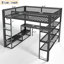 Grand lit mezzanine en métal avec bureau, tablettes de rangement et tringle de suspension, sans sommier, noir