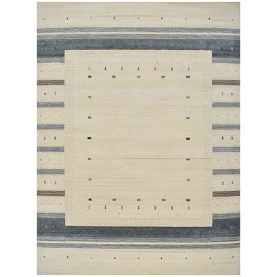 Tapis rectangulaire en laine tissé à la main en gris / beige