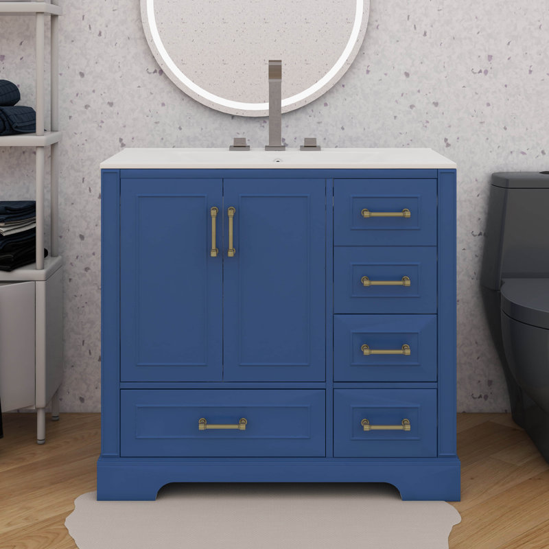 Meuble-lavabo 36 po avec lavabo en céramique, armoire de salle de bain avec deux portes à fermeture en douceur et quatre tiroirs