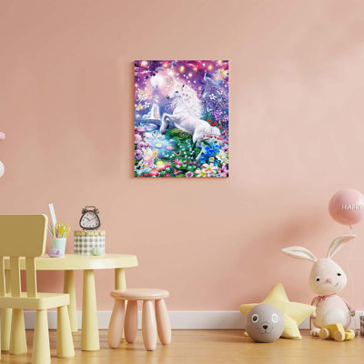Colorful Unicorn Canvas Wall Art - Elf Peacock Castle Pictures Print Framed Decor For Princess Room - Modern Artwork Painting For Nursery Bedroom 12X16 Inch