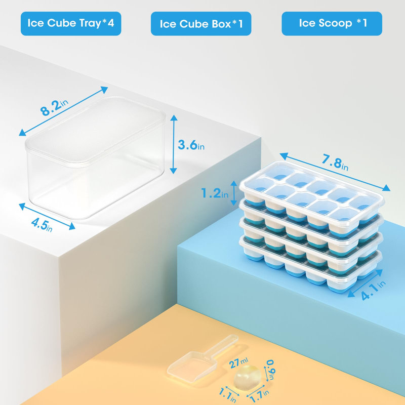 Plateau à glaçons avec couvercle et bac - Paquet de 4 plateaux à glaçons en silicone pour congélateur, ensembles de seaux à glace empilables avec récipient de rangement et pelle pour cuisine, véhicule récréatif, cocktail, café