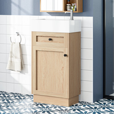 Meuble-lavabo rustique de 18,5 po avec lavabo en résine réversible, armoires en matériau, tablettes réglables pour une option de rangement flexible, poignées en alliage de zinc, finition grain de bois, armoire à charnières silencieuses