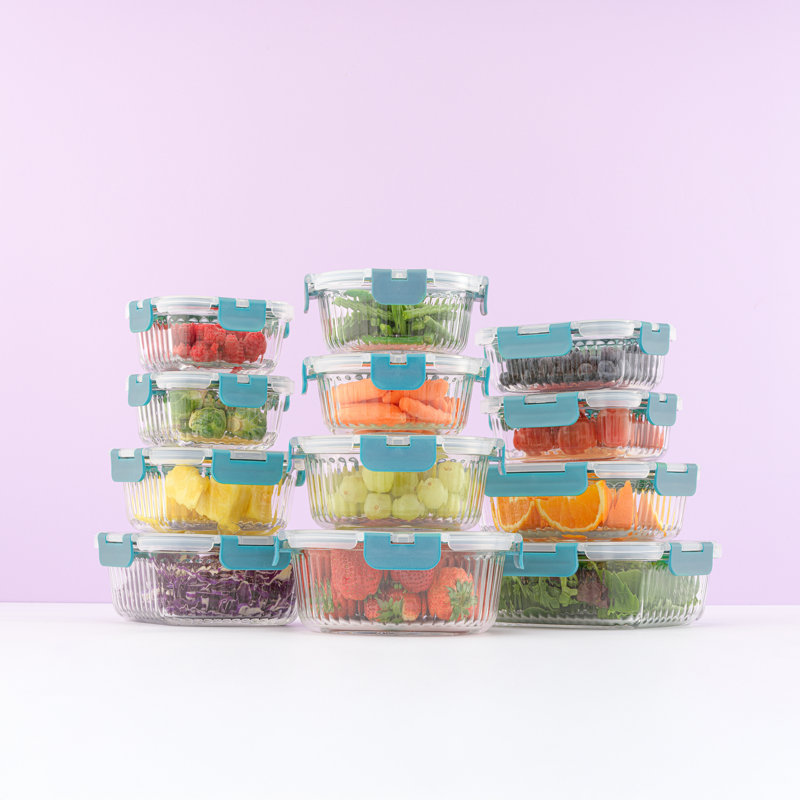 JoyJolt Fluted Glass Food Storage Containers with Leakproof Lids, Set of 12, Blue