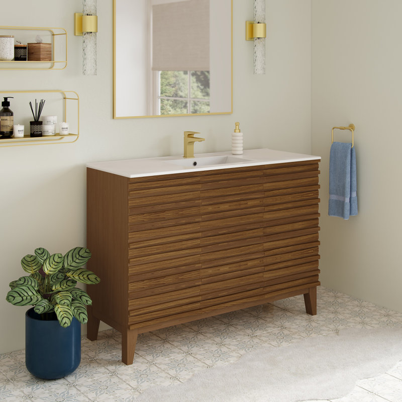 Meuble-lavabo Cascade 48 po en chêne brun, Trou unique, Blanc, Brown Oak