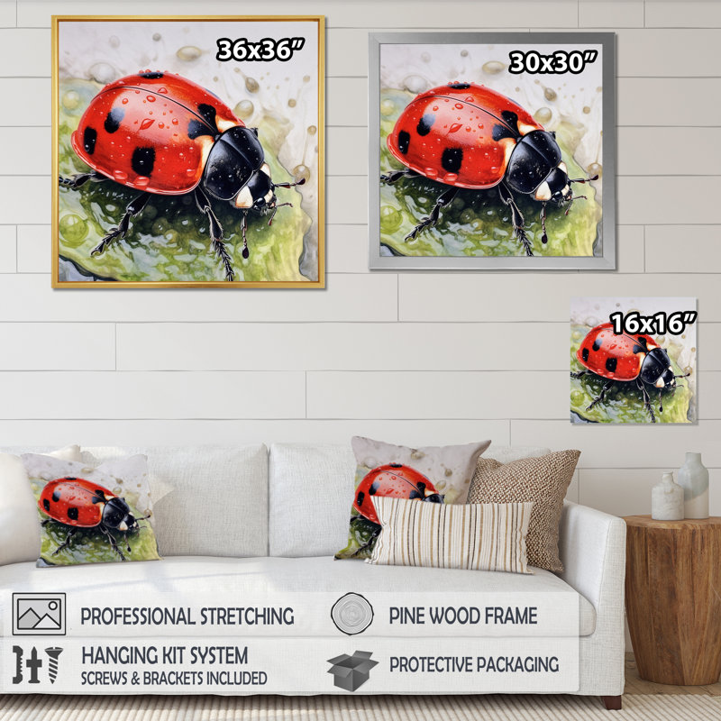 Coccinelles rouges et noires III sur toile, H 36 po x l 36 po x P 1,5 po, Cadre doré à une seule photo
