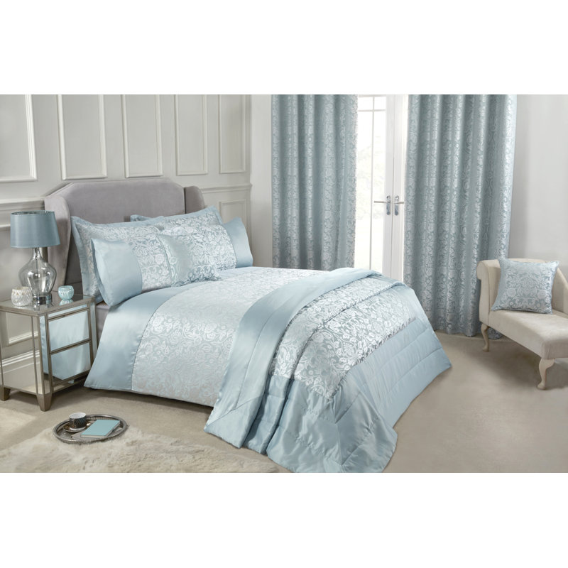 Eden Satin Floral Duvet Cover with Pillowcases, Double, Duck Egg