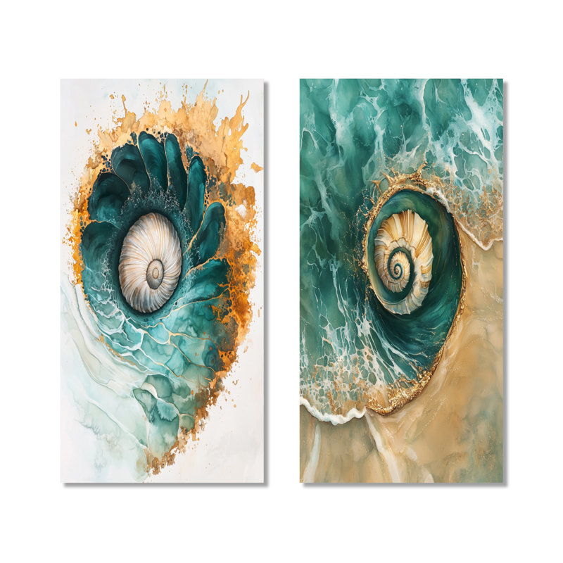 Ensemble de 2 décorations murales en métal Coastal Spiral Emerald Seashell I - Coquillage vert, H 40 po x l 40 po