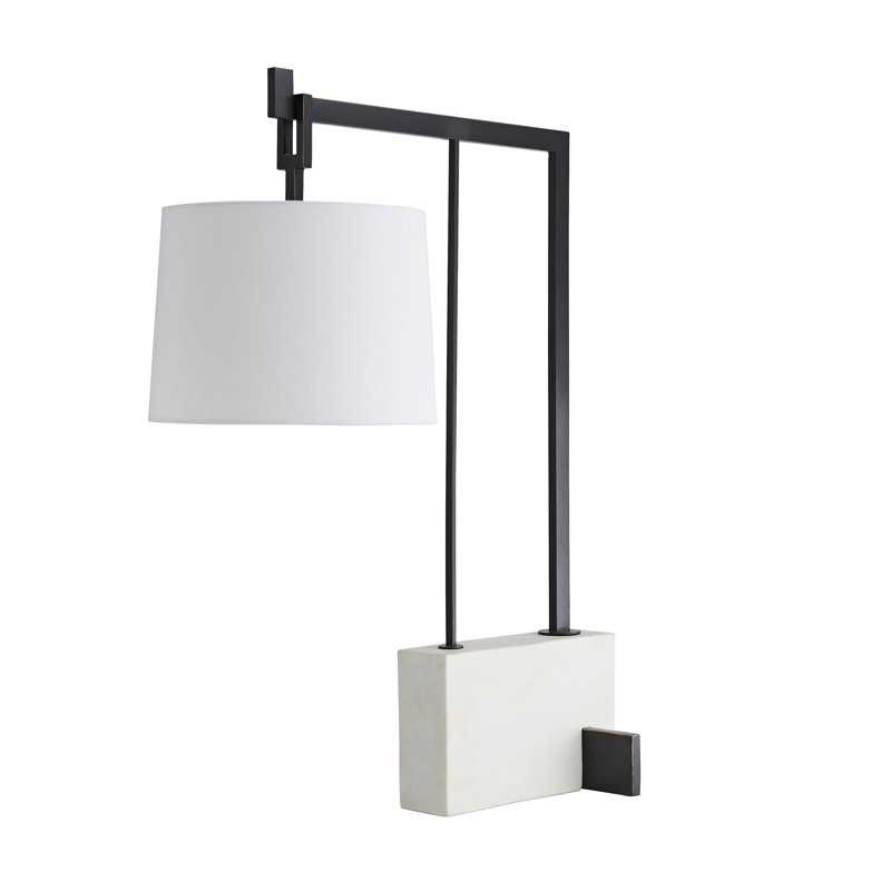 31" Aged Bronze Steel Arc Table Lamp with White Linen Shade