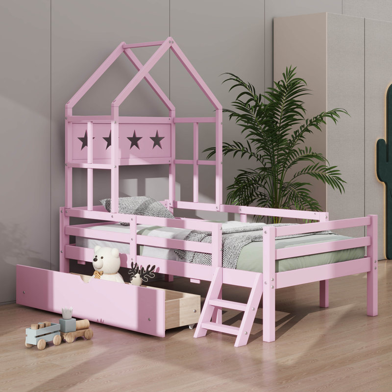 Twin-Size Wooden Platform Bed With Safety Guardrails And Integrated Drawers, Pink