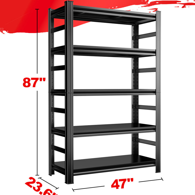 Support de rangement réglable en métal à cinq couches de 87 po pour sous-sols, garages noirs, capacité de charge de 4000 livres, garages de construction, grandes surfaces, tablettes, surface rouillée, barrières de sécurité latérales