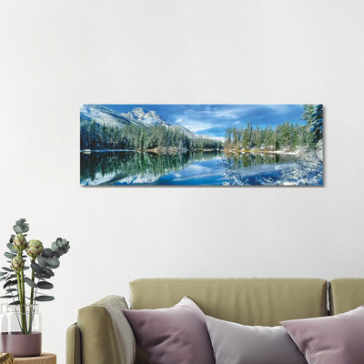Snow Covered Mountain and Trees Reflected in Lake, Grand Tetons, Wyoming, USA 1 Piece Wrapped Canvas Panoramic Wall Art