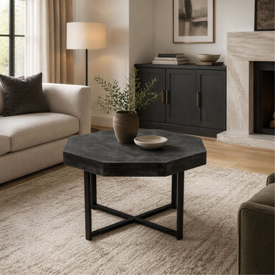 30 Inch Vintage Farmhouse Octagonal Coffee Table, Solid Wood Patchwork Craft Table Top with Cross Metal Legs, Black Accent Cocktail Table for Living Room, Home Decor