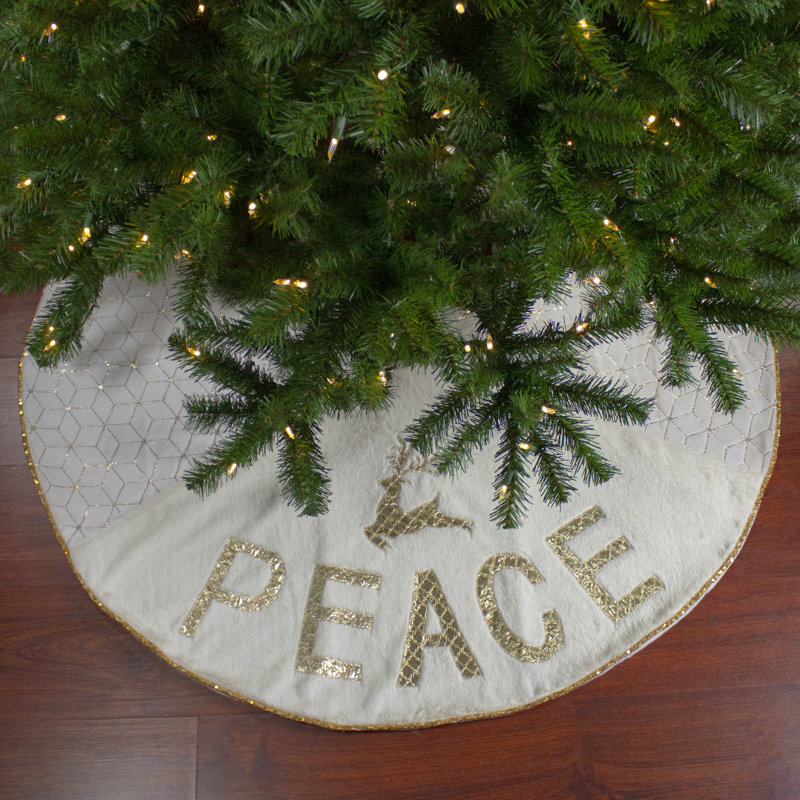 48" Cream and Gold Faux Fur Peace Reindeer Christmas Tree Skirt