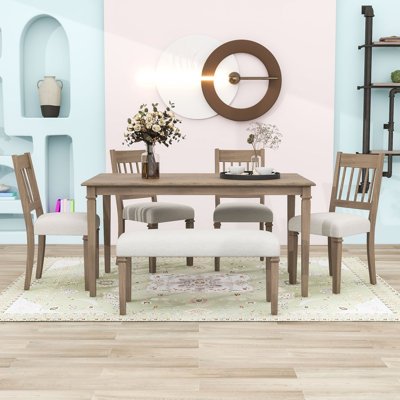 6-Piece Rustic Wooden Dining Table Set with Upholstered Chairs and Bench for Small Place by Alcott Hill