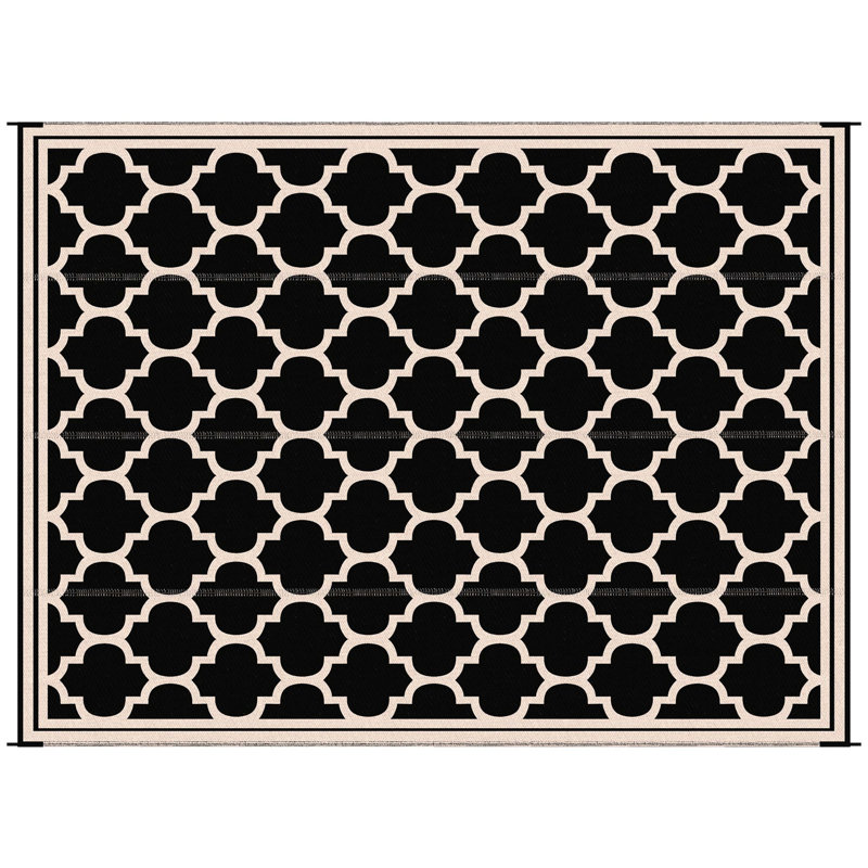 Tapis de terrasse réversible, 2,74 m x 3,66 m, imperméable, avec sac de transport, idéal pour le jardin, les pique-niques et la plage. Noir, en polypropylène. Couleurs : beige.
