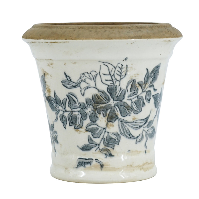 5.3X5.3X5.1 Inches Ceramic Planters In A Of 4, Inspired By Vintage Pottery Design, Flared Shape, Slightly Distressed White, And Black Floral For Succulent Displays Styles, Sideboard Decorations