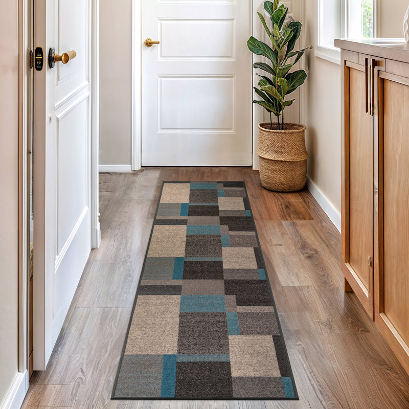 Tapis bleu tissé à la machine Bolk, 2 pi x 8 pi