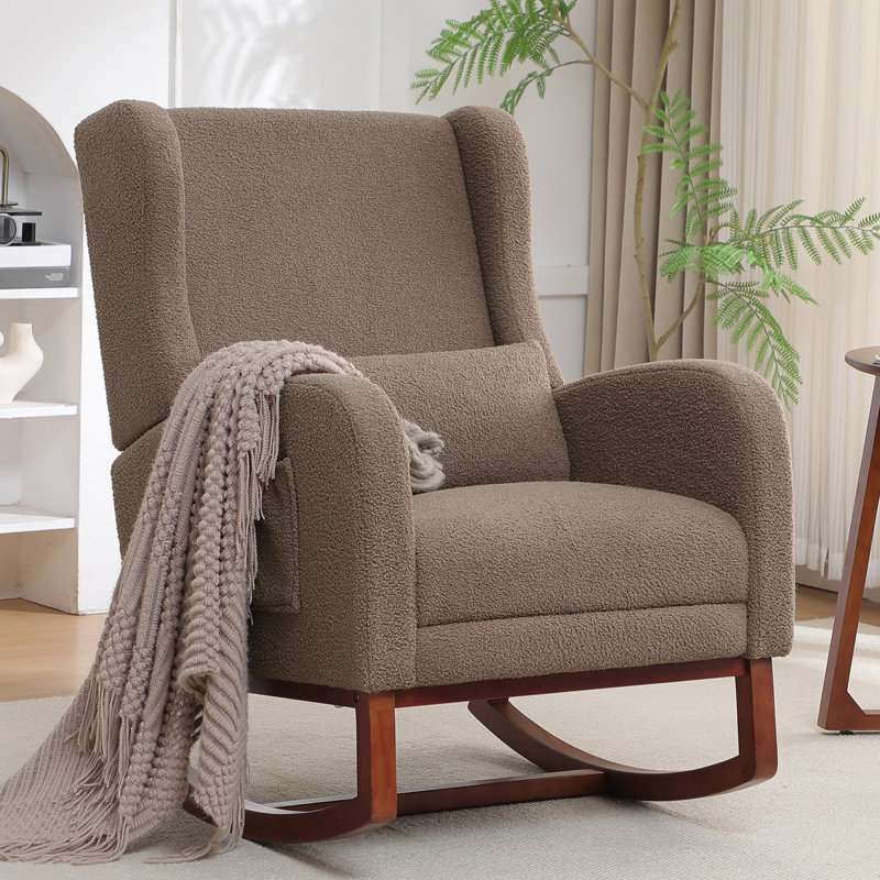 Chaise berçante de 30 po de largeur avec pieds et repose-pieds en bois massif, Peluche café