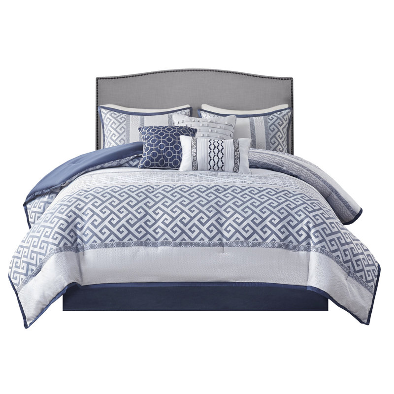 Édredon 7 pièces bleu marine pour très grand lit - Literie de luxe avec rembourrage Élégant édredon, taies décoratives et coussins décoratifs Jupe en soie synthétique