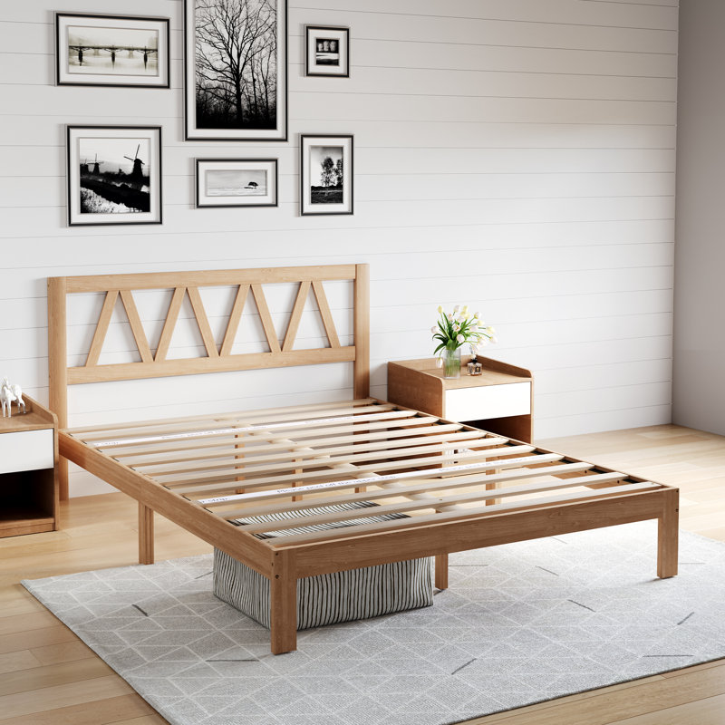 Base de lit en bois massif avec tête de lit, Simple, Naturel