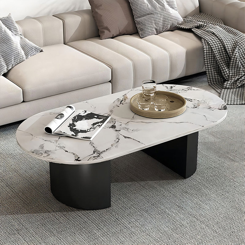 Table basse ovale en fer fritté noir, Blanc / Gris, H 17,72 po x L 47,24 po x l 23,62 po