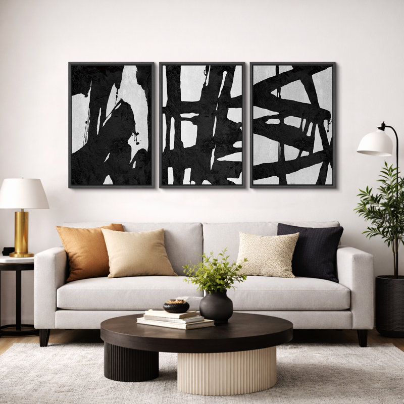 BAW ", noir et blanc, gris, coup de pinceau audacieux, peintures murales abstraites et contemporaines modernes, impression sur toile encadrée, 3 pièces