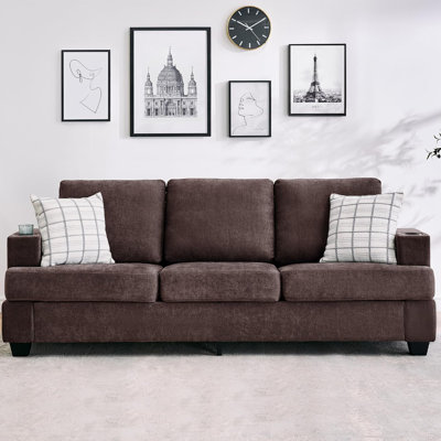 Canapé 89 po en chenille 3 places avec porte-gobelets et rangement, brun