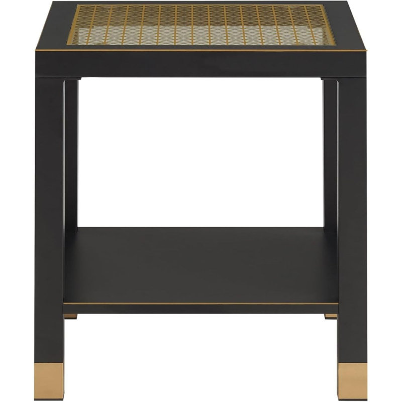 Table d'appoint carrée avec tablette, table d'appoint de style boho pour le salon, table de bout en verre trempé avec structure en métal, table de chevet pour chambre à coucher, 2 niveaux, noir