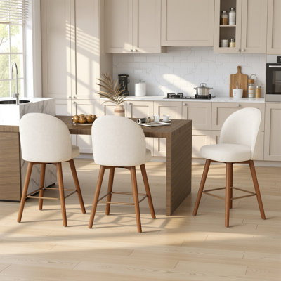 Tabouret de bar moderne à hauteur de comptoir avec dossier, revêtement en chenille blanc, pieds non pivotants en bois d'hévéa avec finition noyer