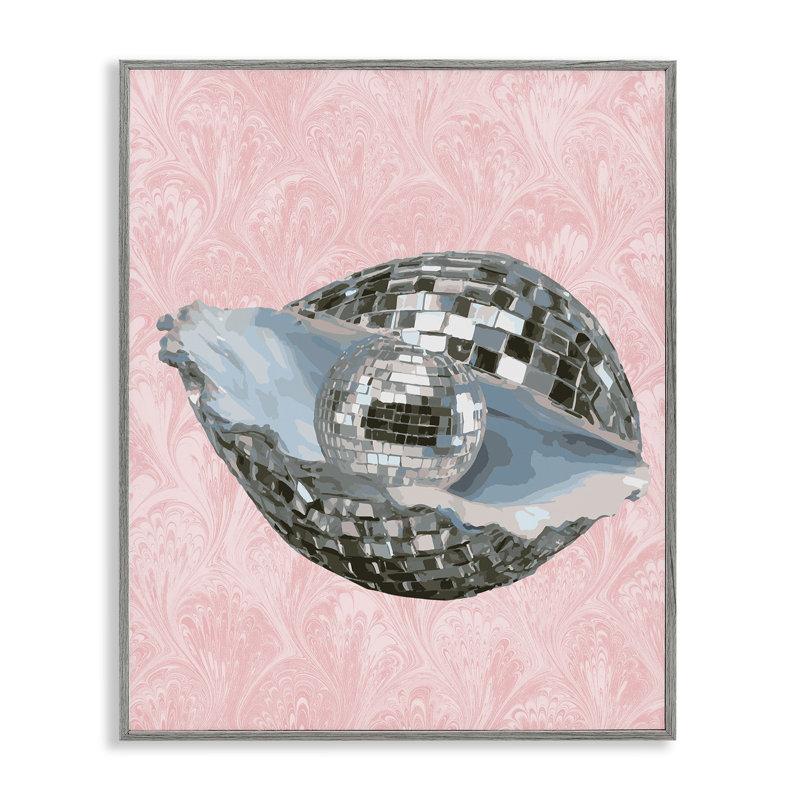 Disco Oyster sur giclée rose encadrée, design par Lil 'Rue, H 14 po x l 11 po, Estampe numérique Farmhouse