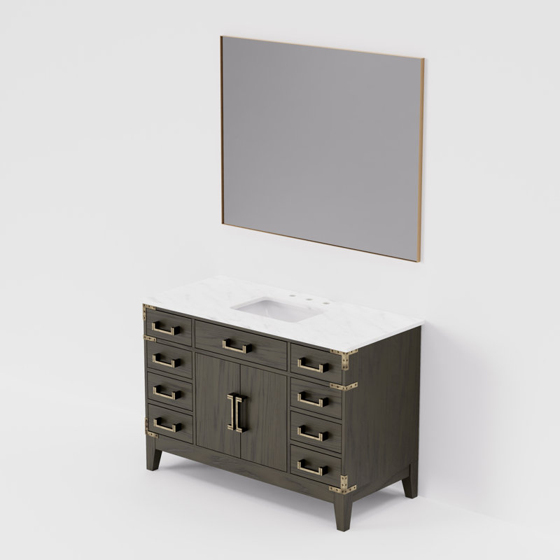 Laurel 48 in W x 22 in D Single Bath Vanity Top Mirror, White Carrara Marble, Brown Oak