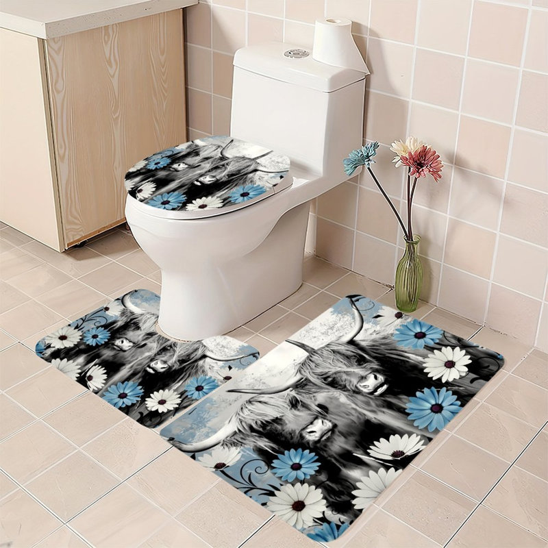 Ensemble de 3 tapis de douche noir et blanc Highland Cow pour décor rustique
