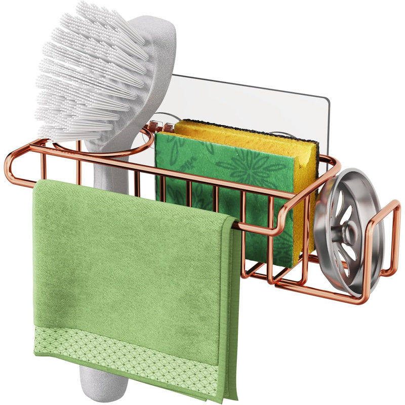 Rustproof Kitchen Sink Sponge Holder With Brush And Towel Organizer, No Drill Installation, Stainless Steel Design For Quick Drainage And Space Saving