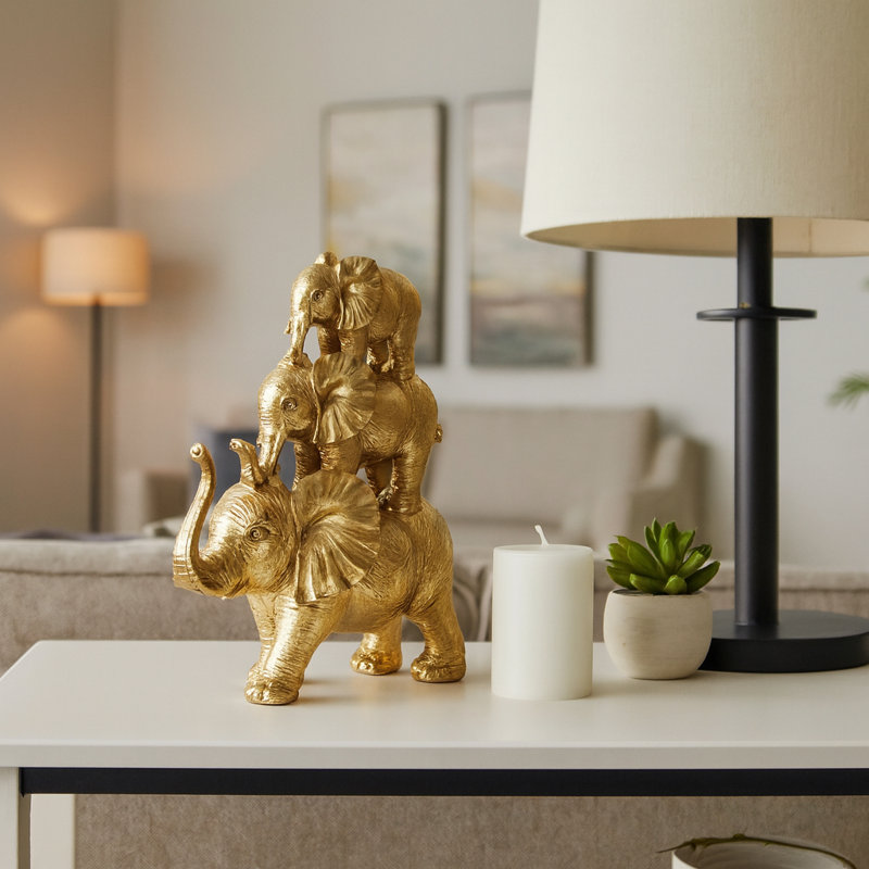 Statue d'éléphant empilé pour la décoration intérieure - objet de sculpture décoratif pour décoration de table ou de salon - 10 po, doré et métallique
