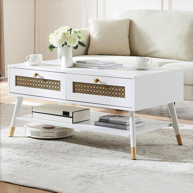 Table basse Mid-Century moderne blanche avec tiroirs de rangement et tablette ouverte, table rectangulaire Boho en bois massif avec pieds en métal conçue pour le salon, le bureau et le salon. Couleur blanche avec décor doré
