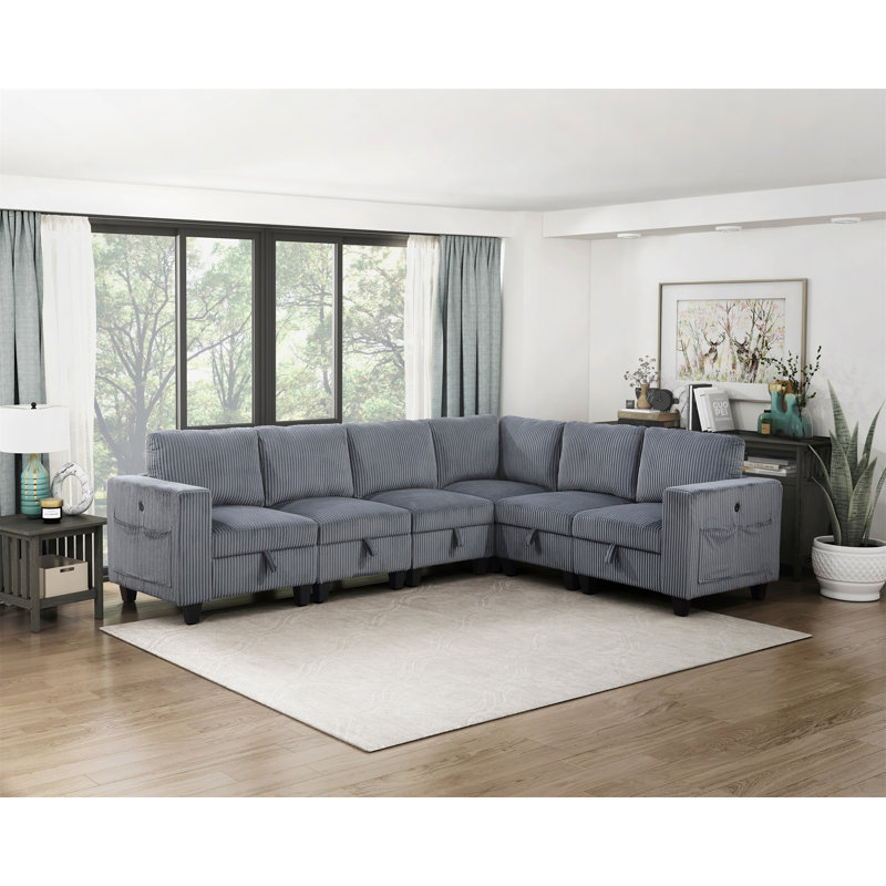 6-Piece Modular Sectional With Storage Seats, 35.5" H x 112" W x 89" D, Dark Gray Fabric