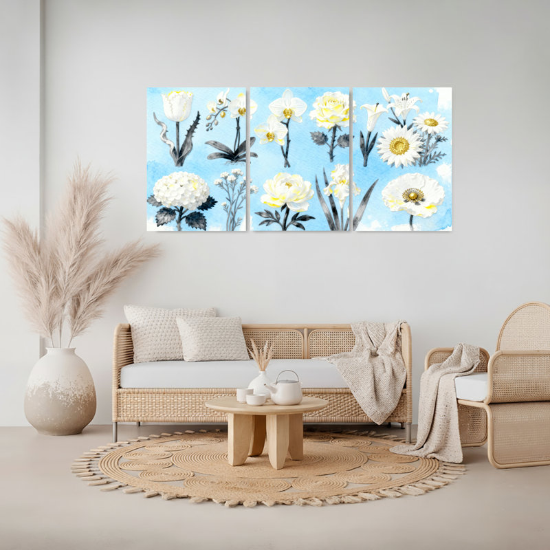 Aquarelle sur toile blanche blanche, ensemble de 3 reproductions botaniques, H 30 po x l 60 po