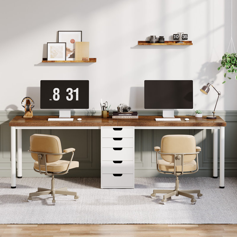 78.7 Inches Two Person Computer Desk With 5 Drawers, Brown/White