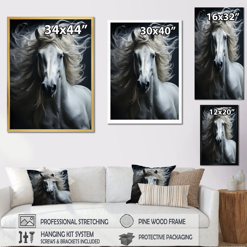 «Kecia White Horse Fierce Intensity», reproduction d'art sur toile, Cadre flottant doré, H 20 po x l 12 po x P 1 po
