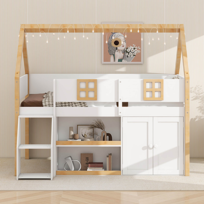 Lit mezzanine bas avec lumières DEL, lit mezzanine en bois, Lit double