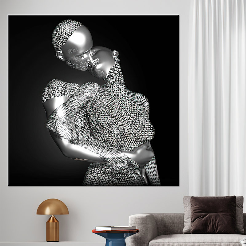 3D Canvas with Kissing Couple Design - Abstract Modern Romantic Bedroom Wall Art, 20 cm H x 20 cm W, Framed Wrapped Canvas