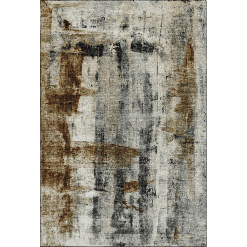 Tapis lavable abstrait gris anthracite et brun 5 pi x 8 pi avec protection UV