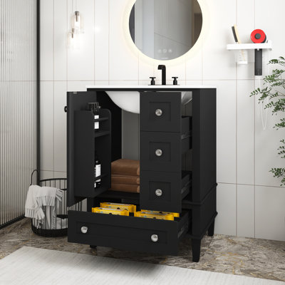 Meuble-lavabo de 24 po en panneau de fibres à densité moyenne avec lavabo intégré en céramique, avec tablette à double couche, tiroirs à fermeture en douceur et porte d'armoire à fermeture en douceur, noir