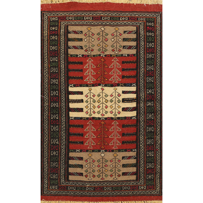 Tapis de la zone en laine rouge/beige/noir 3 pi 7 po x 5 pi 11 po one-of-kind main-noué la