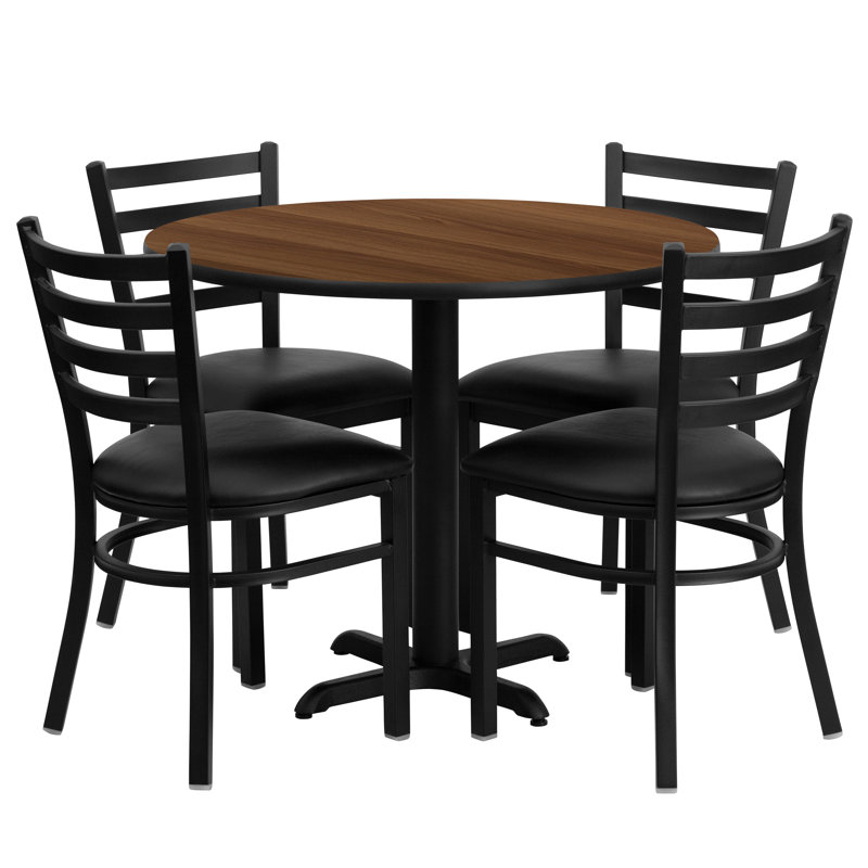 Jinnie 36'' Round Laminate Table Set with X-Base and 4 Ladder Back Metal Chairs, Walnut, Burgundy
