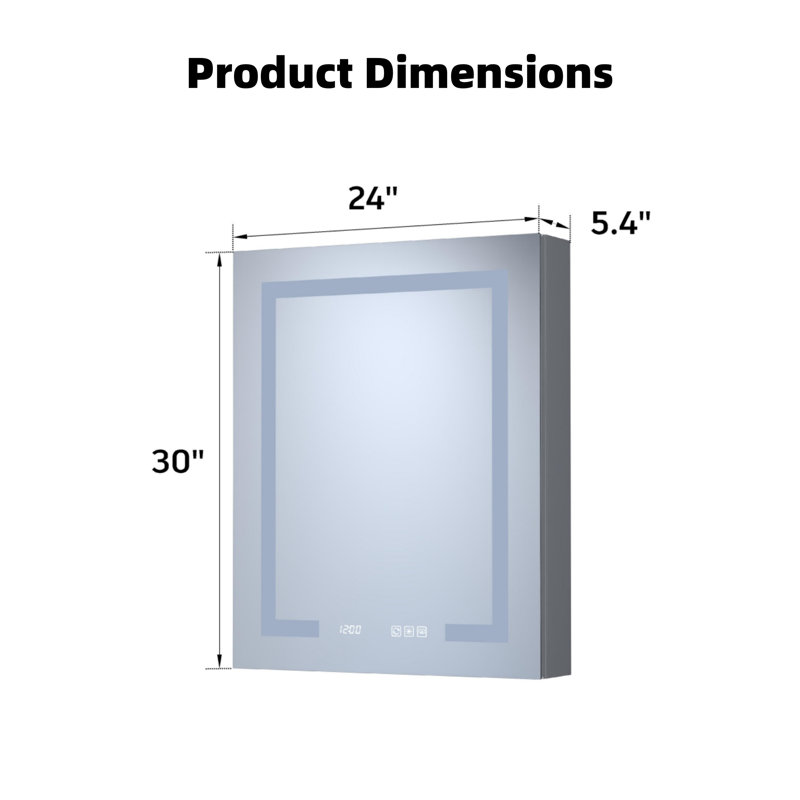 Armoire à pharmacie 24 po x 30 po de haut rectangulaire rectangulaire encastrée en aluminium avec miroir, lumière DEL et horloge, 24 po x 30 po, argent