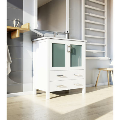 30 In. W White Vanity For Bathroom, 18.25 D, Ceramic Top, 28 Mirror, Soft - Closing Feature, Storage, Scratch Proof Top Bath Vanity, Mechanism, One Cabinet And Drawers, Countertop