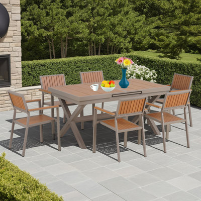 Expandable Outdoor Dining Set with 6 Woven Tape Chairs & Adjustable Table (62.9"-82.7"), Ideal for Patio, Garden & Poolside by Lark Manor